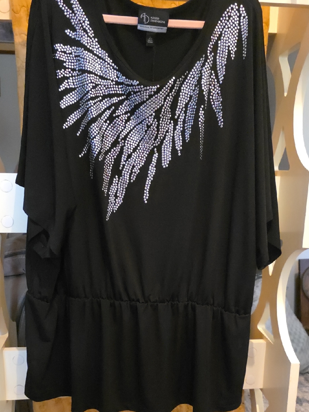 Added Dimensions By CATHERINES Black Scoop Neck Top with Silver Crystal Detail